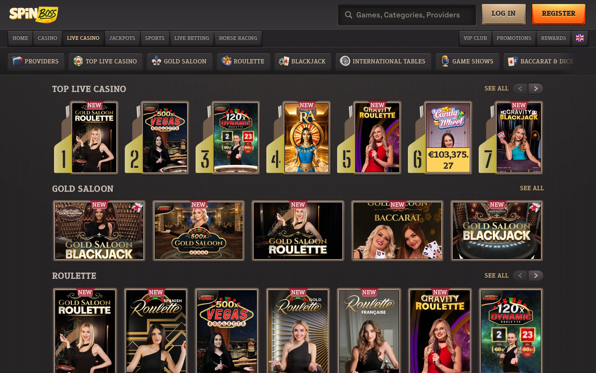 SpinBoss live casino lobby