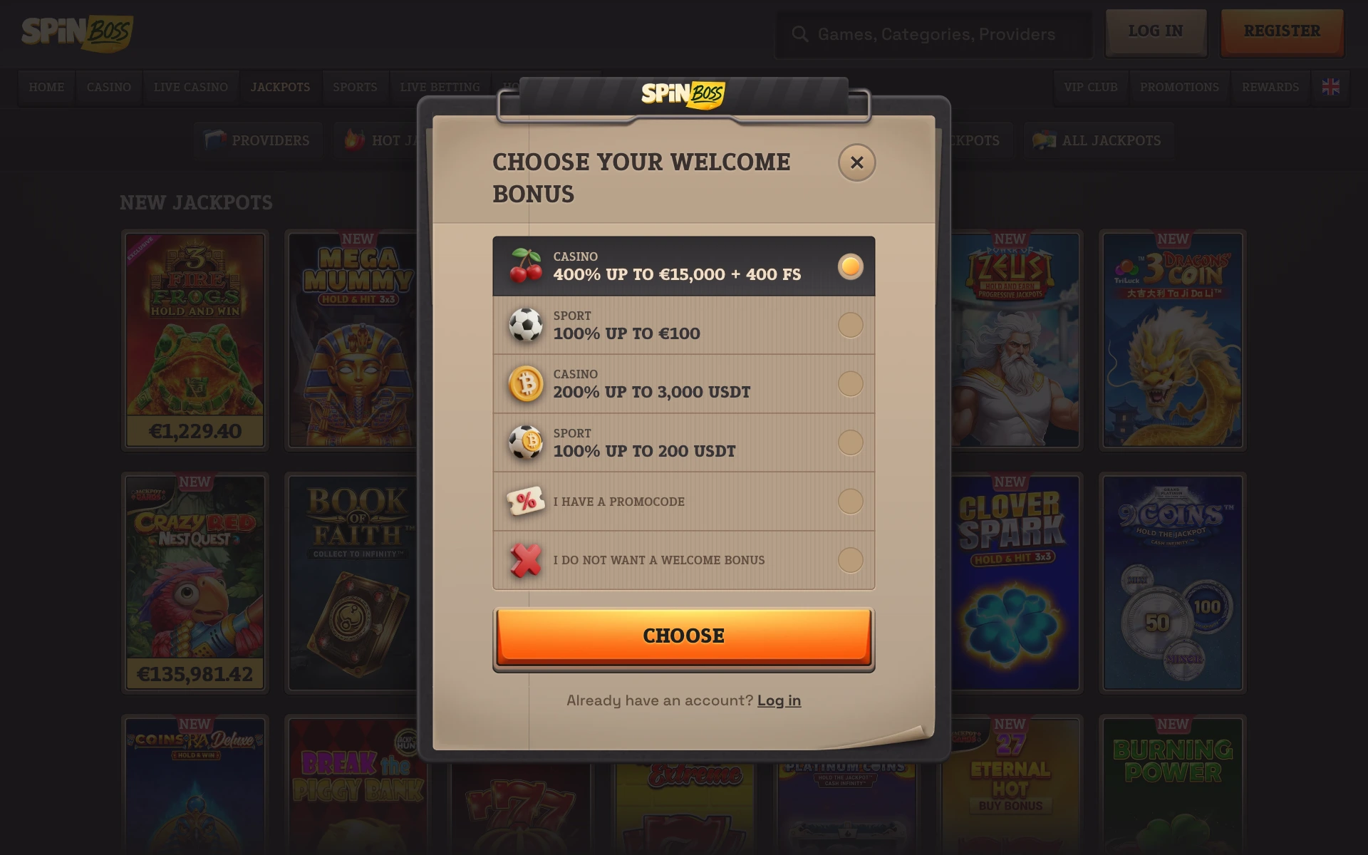 SpinBoss Choose your Welcome Bonus window over the New Jackpots lobby